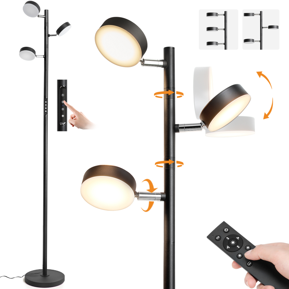 LED Tree Floor Lamp with Remote & Touch Control, 3 Heads Adjustable Dimmable Modern Floor Lamps with Timer, 4 Color Temperatures, Tall Standing Lamp for Living Room, Bedroom, Office, Black