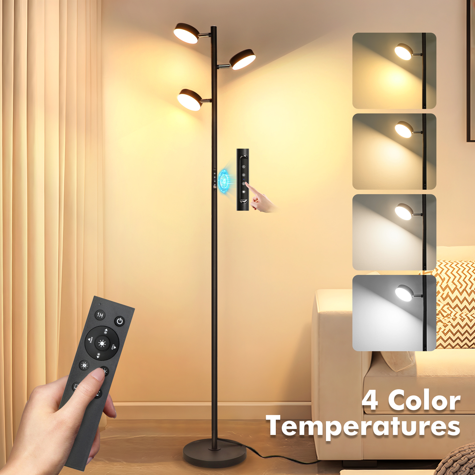 LED Tree Floor Lamp with Remote & Touch Control, 3 Heads Adjustable Dimmable Modern Floor Lamps with Timer, 4 Color Temperatures, Tall Standing Lamp for Living Room, Bedroom, Office, Black