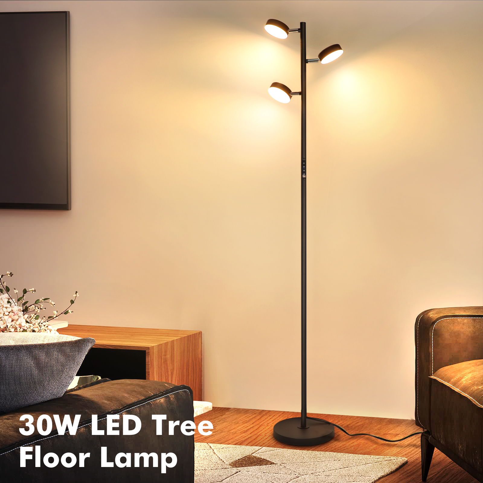 LED Tree Floor Lamp with Remote & Touch Control, 3 Heads Adjustable Dimmable Modern Floor Lamps with Timer, 4 Color Temperatures, Tall Standing Lamp for Living Room, Bedroom, Office, Black