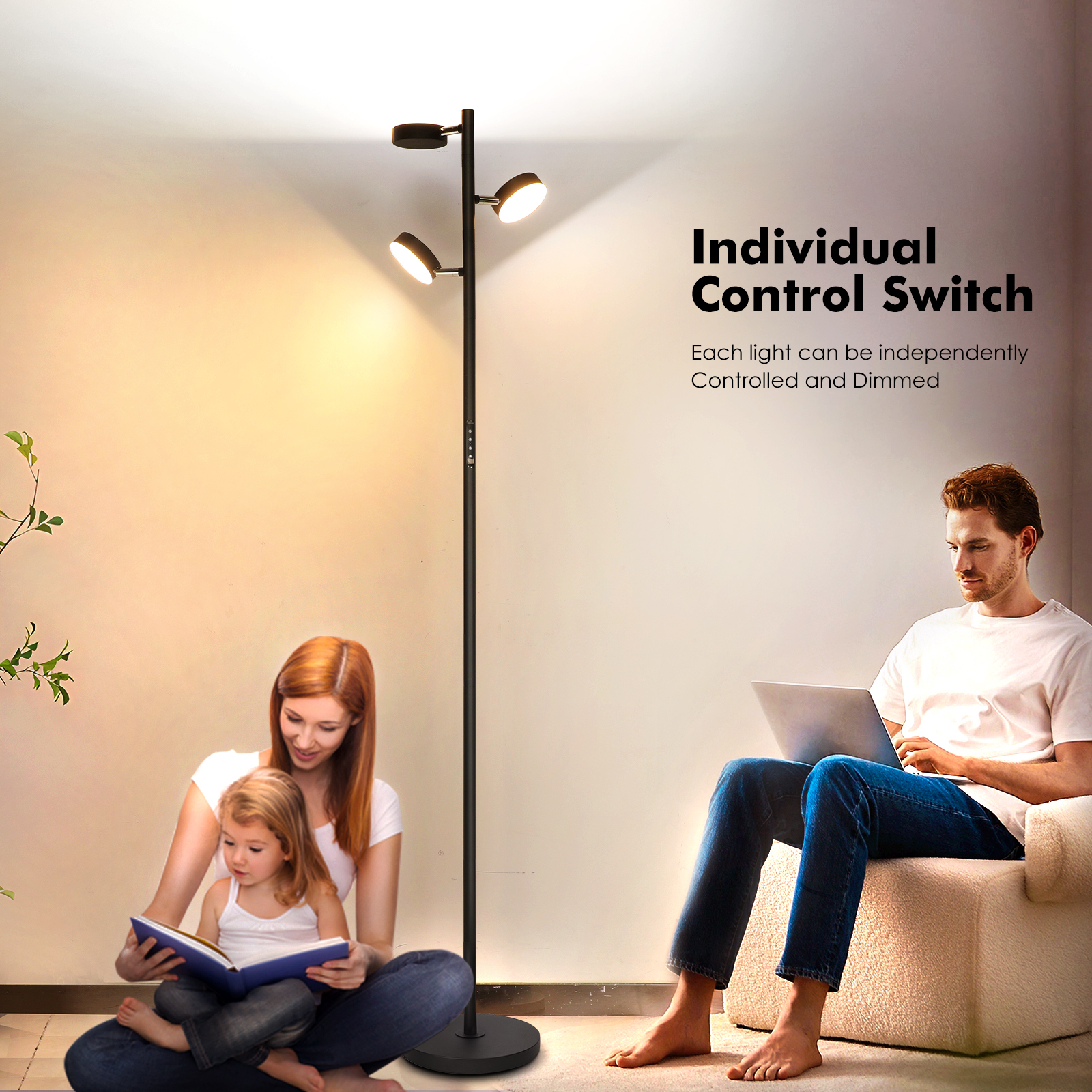 LED Tree Floor Lamp with Remote & Touch Control, 3 Heads Adjustable Dimmable Modern Floor Lamps with Timer, 4 Color Temperatures, Tall Standing Lamp for Living Room, Bedroom, Office, Black