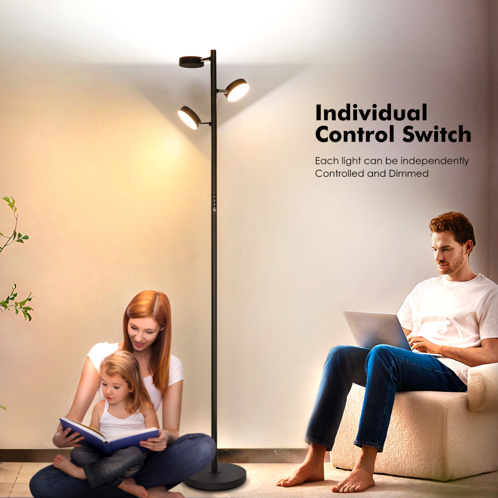 LED Tree Floor Lamp with Remote & Touch Control, 3 Heads Adjustable Dimmable Modern Floor Lamps with Timer, 4 Color Temperatures, Tall Standing Lamp for Living Room, Bedroom, Office, Black
