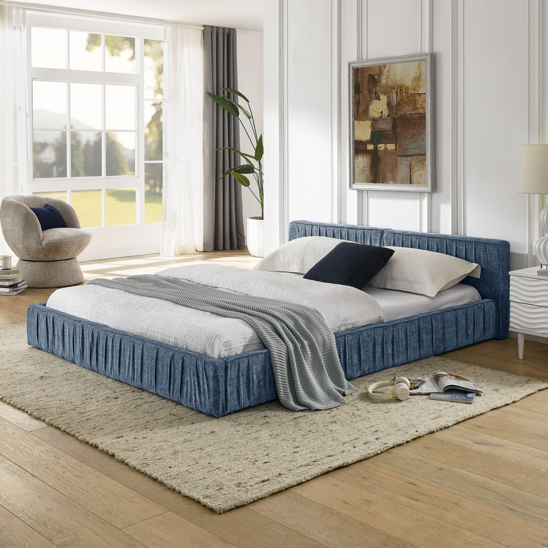 Queen Size Upholstered Bed Frame with Chenille fabric with pleated design,Grounded Queen Size Platform Bed with Headboard and Solid Frame. No Box Spring Needed