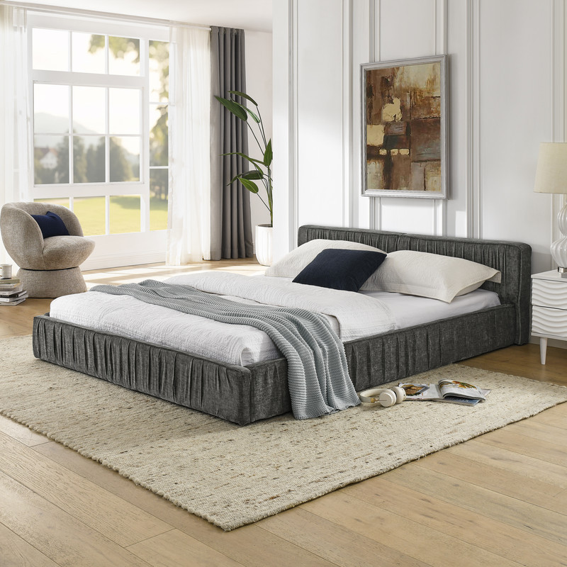 Queen Size Upholstered Bed Frame with Chenille fabric with pleated design,Grounded Queen Size Platform Bed with Headboard and Solid Frame. No Box Spring Needed