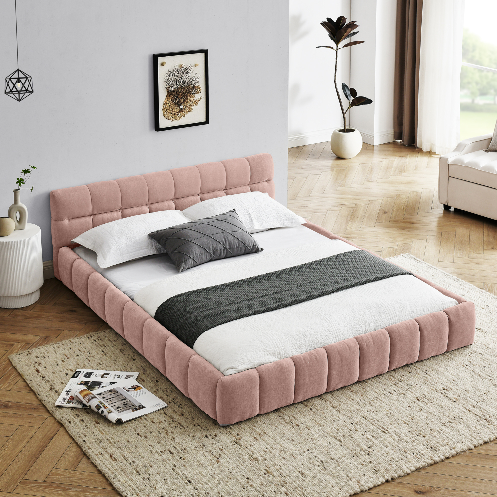 Queen Size Upholstered Bed Frame with Thick Fabric, Chenille Fabric Grounded Queen Size Platform Bed with Headboard and Solid Frame. No Box Spring Needed