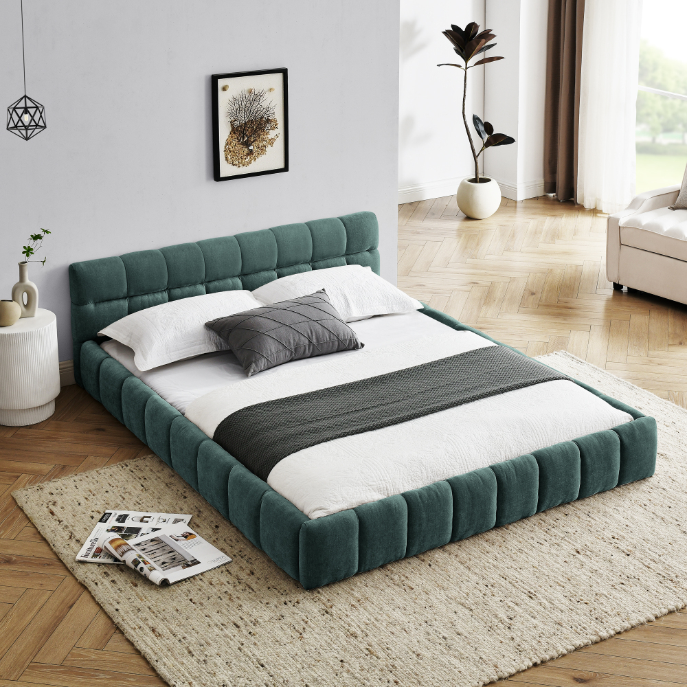 Queen Size Upholstered Bed Frame with Thick Fabric, Chenille Fabric Grounded Queen Size Platform Bed with Headboard and Solid Frame. No Box Spring Needed