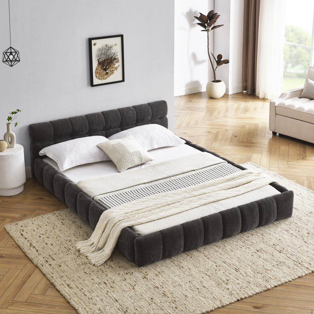 Queen Size Upholstered Bed Frame with Thick Fabric, Chenille Fabric Grounded Queen Size Platform Bed with Headboard and Solid Frame. No Box Spring Needed