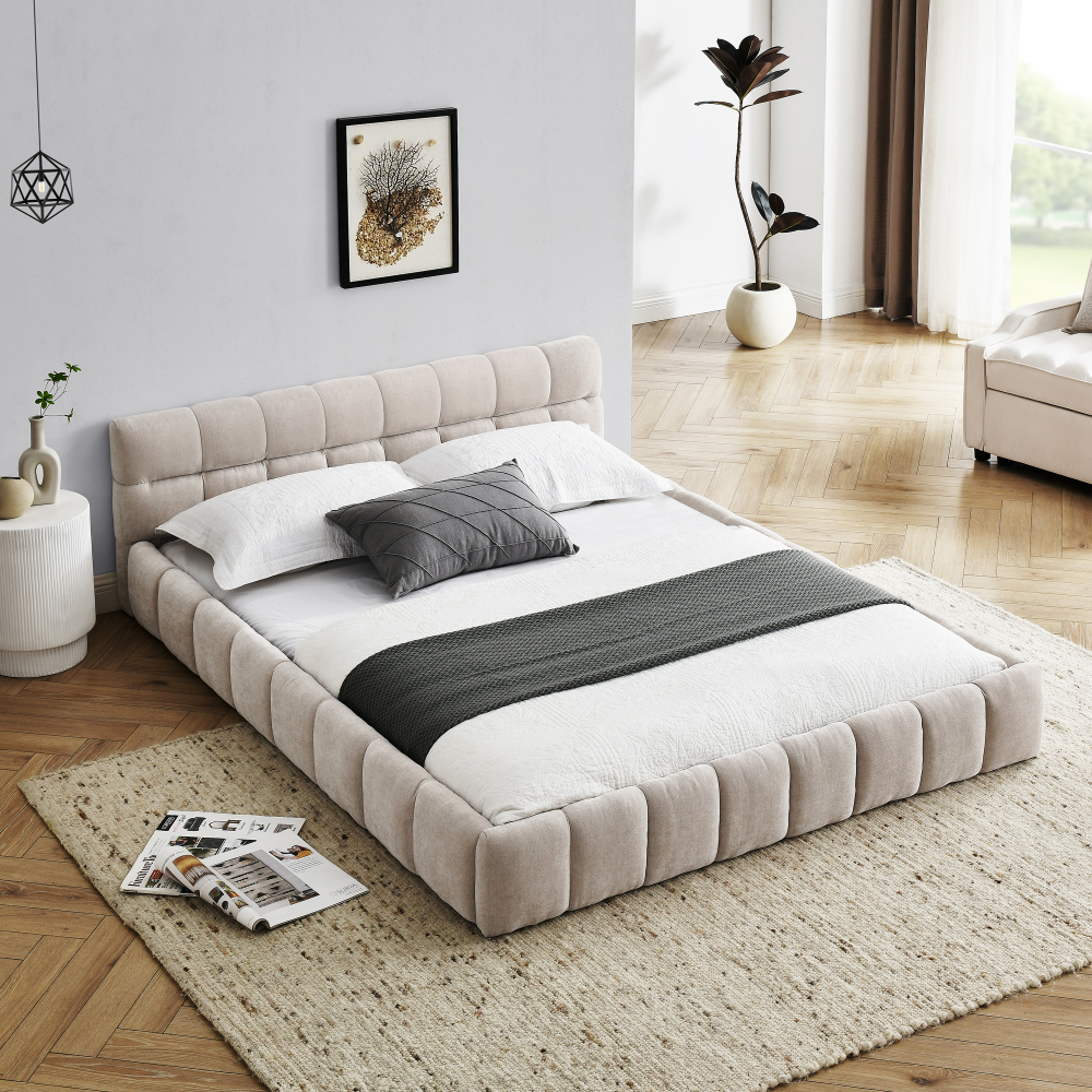 Queen Size Upholstered Bed Frame with Thick Fabric, Chenille Fabric Grounded Queen Size Platform Bed with Headboard and Solid Frame. No Box Spring Needed