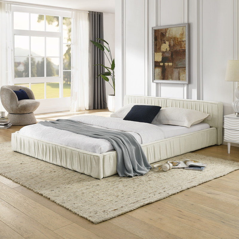 Queen Size Upholstered Bed Frame with Chenille fabric with pleated design,Grounded Queen Size Platform Bed with Headboard and Solid Frame. No Box Spring Needed