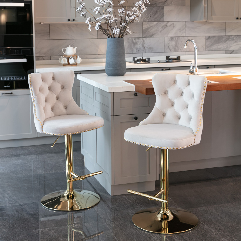 Golden Swivel Velvet Barstools Adjusatble Seat Height from 25-33 Inch,Modern Upholstered Bar Stools with Backs Comfortable Tufted for Home Pub and Kitchen Island,Set of 2