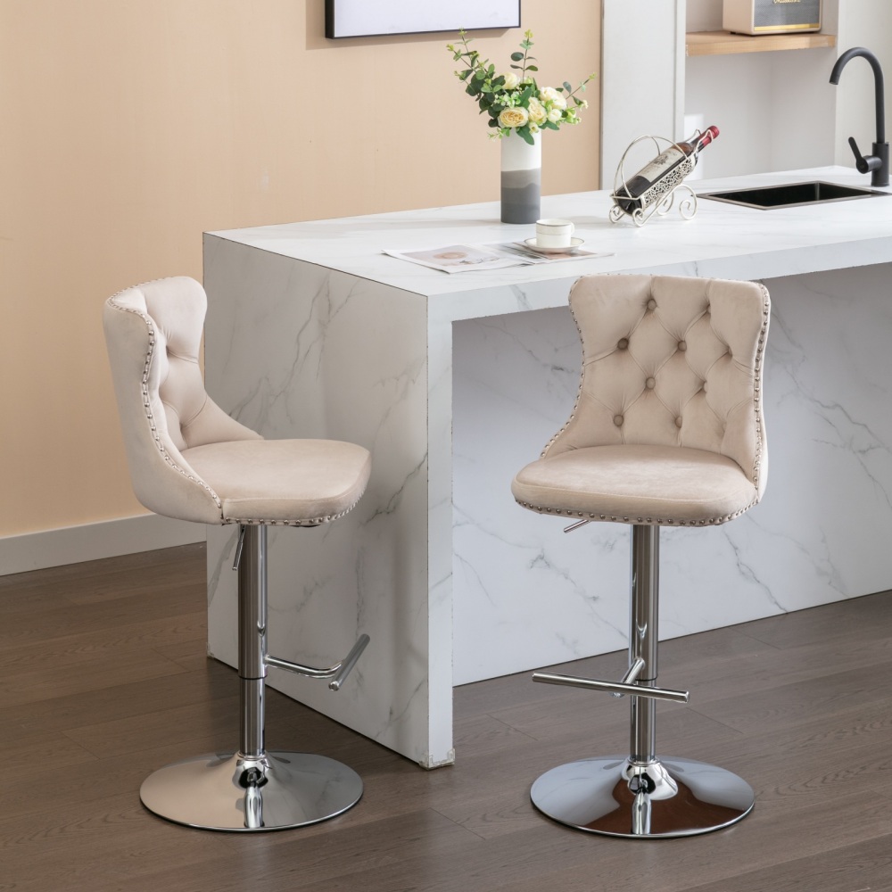 Swivel Velvet Barstools Adjusatble Seat Height from 25-33 Inch, Modern Upholstered Chrome base Bar Stools with Backs Comfortable Tufted for Home Pub and Kitchen Island,Set of 2
