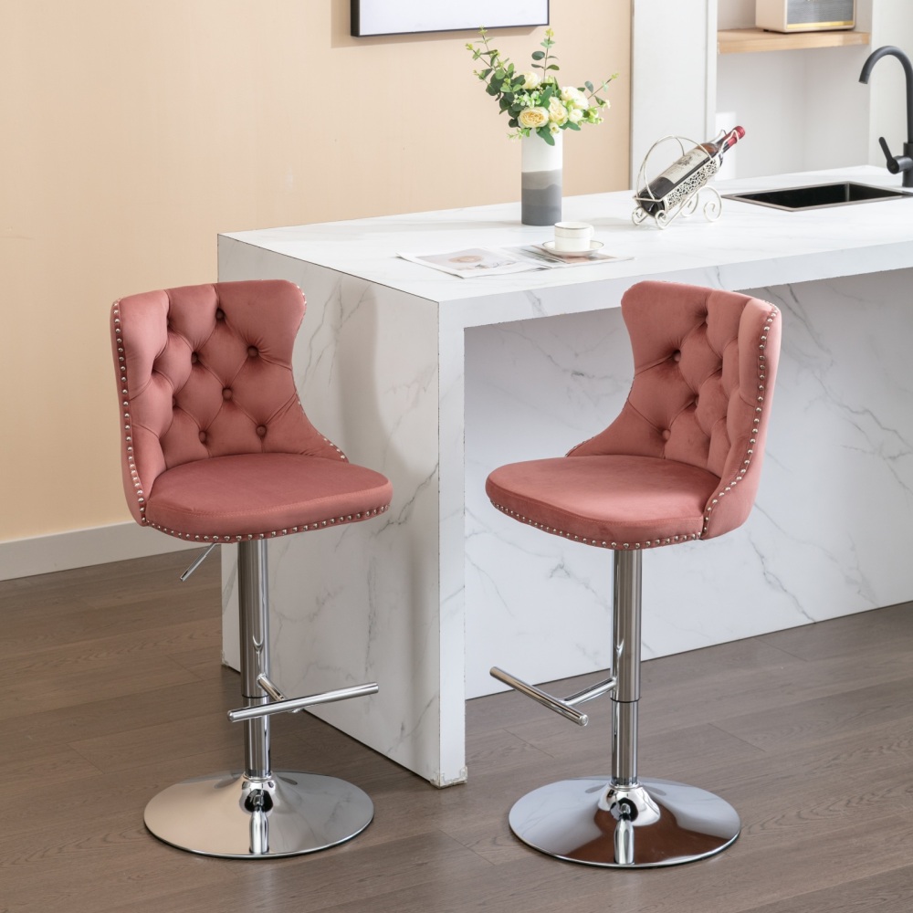 Swivel Velvet Barstools Adjusatble Seat Height from 25-33 Inch, Modern Upholstered Chrome base Bar Stools with Backs Comfortable Tufted for Home Pub and Kitchen Island,Set of 2