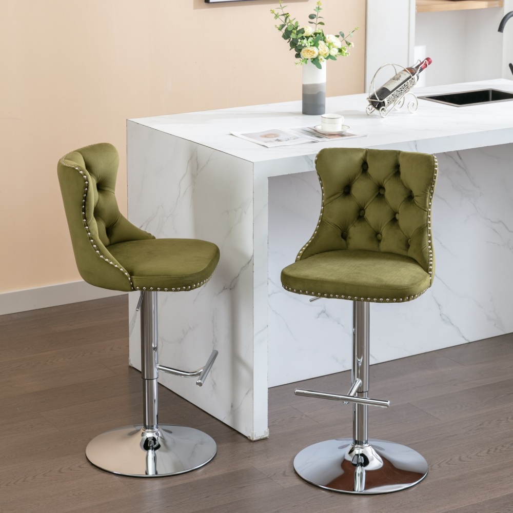 Swivel Velvet Barstools Adjusatble Seat Height from 25-33 Inch, Modern Upholstered Chrome base Bar Stools with Backs Comfortable Tufted for Home Pub and Kitchen Island,Set of 2