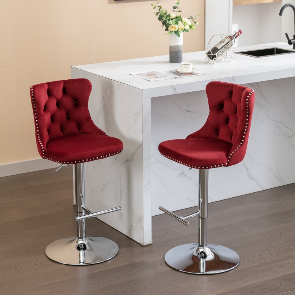 Swivel Velvet Barstools Adjusatble Seat Height from 25-33 Inch, Modern Upholstered Chrome base Bar Stools with Backs Comfortable Tufted for Home Pub and Kitchen Island,Set of 2