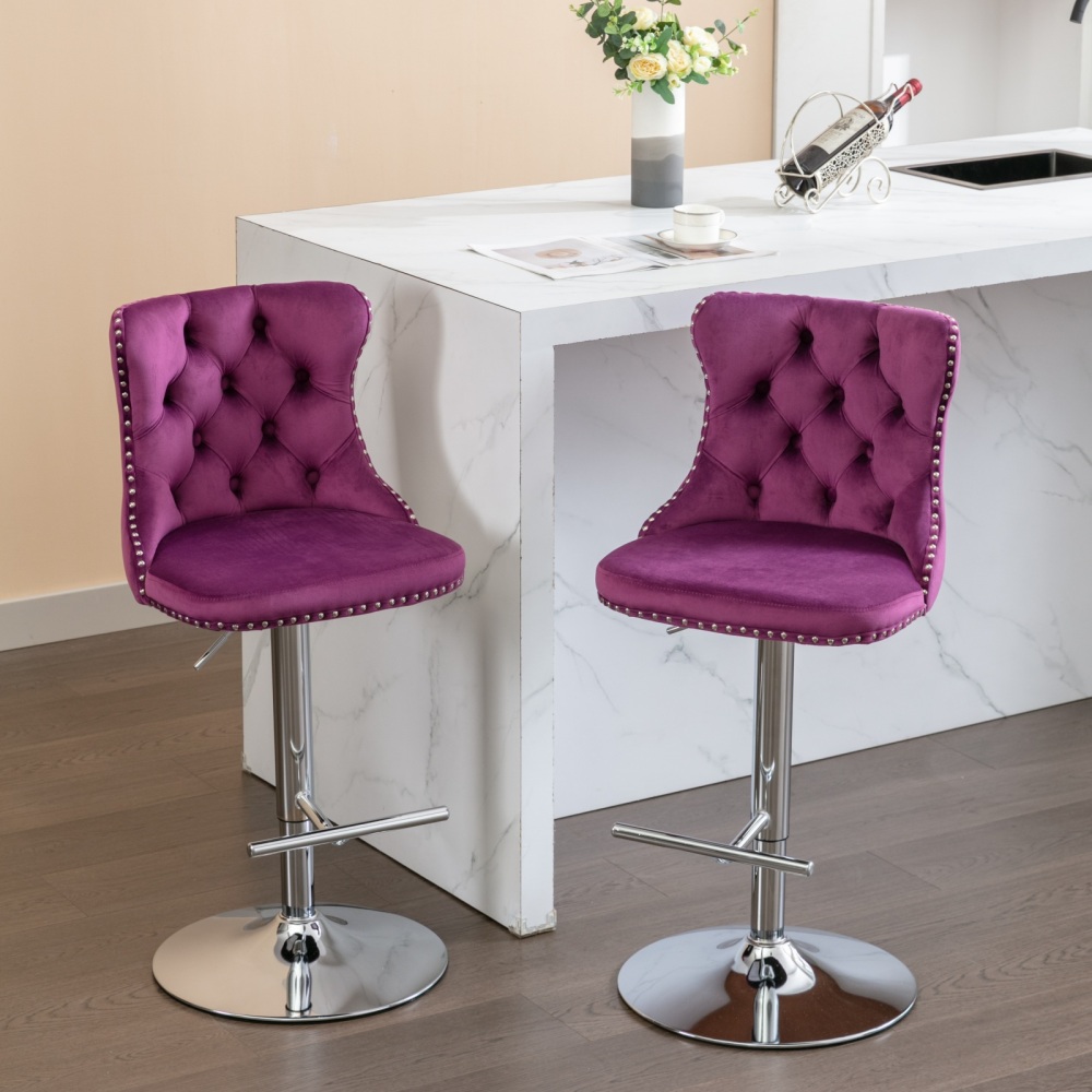 Swivel Velvet Barstools Adjusatble Seat Height from 25-33 Inch, Modern Upholstered Chrome base Bar Stools with Backs Comfortable Tufted for Home Pub and Kitchen Island,Set of 2