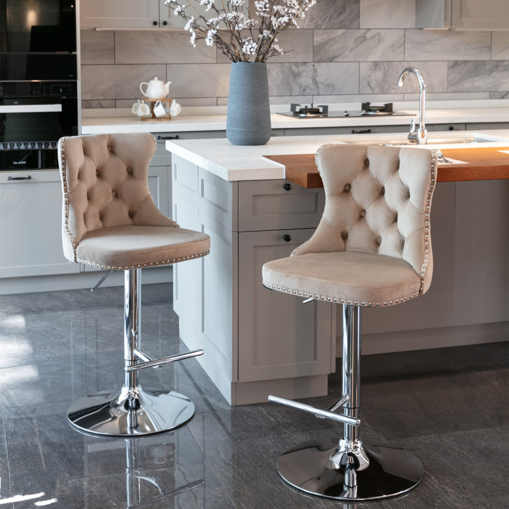 Swivel Velvet Barstools Adjusatble Seat Height from 25-33 Inch, Modern Upholstered Chrome base Bar Stools with Backs Comfortable Tufted for Home Pub and Kitchen Island,Set of 2