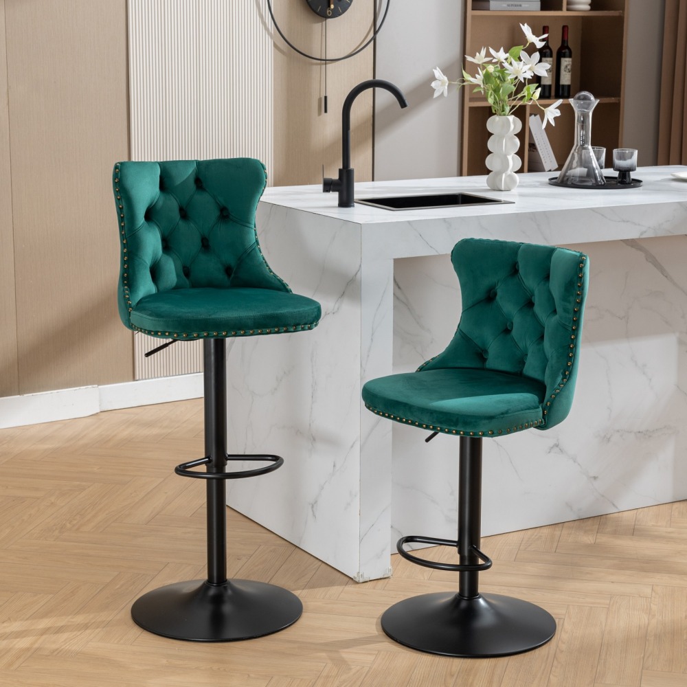 Swivel Velvet Barstools Adjusatble Seat Height from 25-33 Inch,17.7 inch base, Modern Upholstered Bar Stools with Backs Comfortable Tufted for Home Pub and Kitchen Island,Set of 2