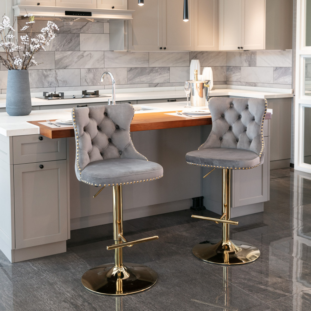 Golden Swivel Velvet Barstools Adjusatble Seat Height from 25-33 Inch,Modern Upholstered Bar Stools with Backs Comfortable Tufted for Home Pub and Kitchen Island,Set of 2