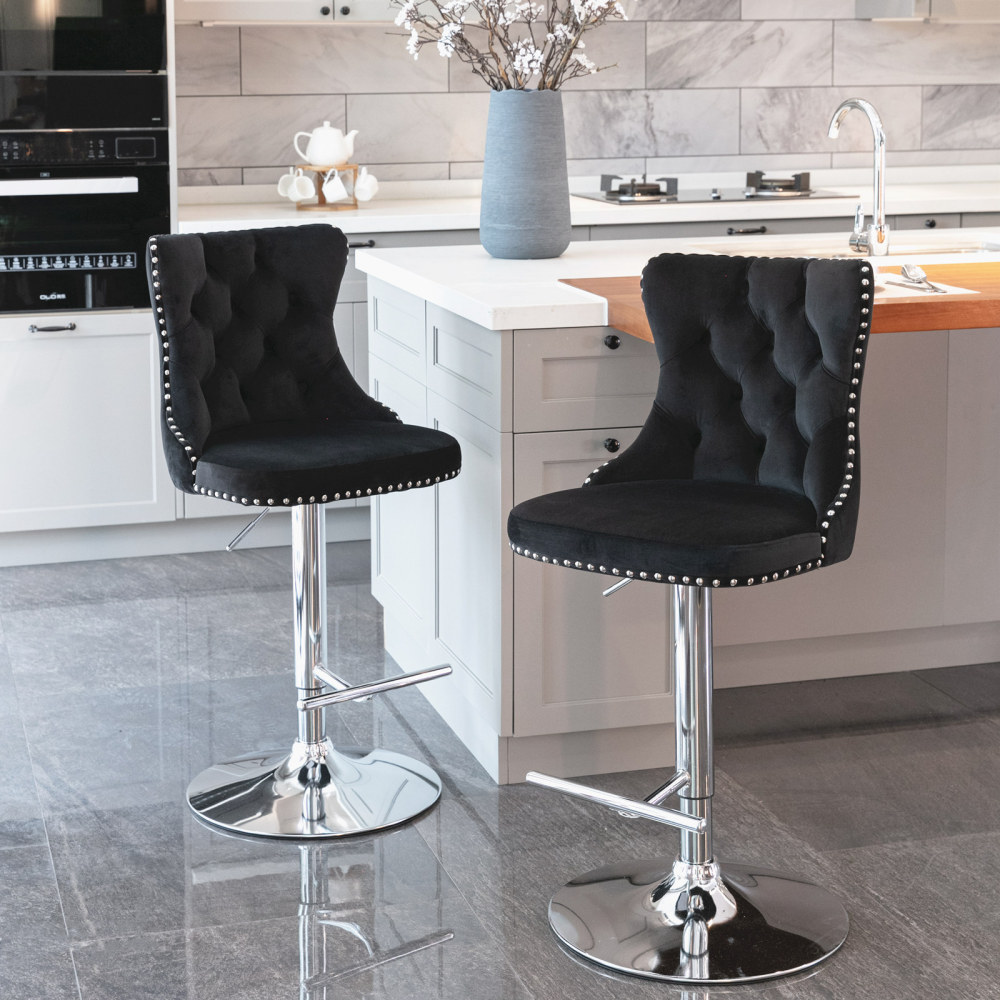 Swivel Velvet Barstools Adjusatble Seat Height from 25-33 Inch, Modern Upholstered Chrome base Bar Stools with Backs Comfortable Tufted for Home Pub and Kitchen Island,Set of 2