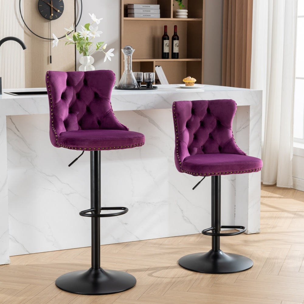 Swivel Velvet Barstools Adjusatble Seat Height from 25-33 Inch,17.7 inch base, Modern Upholstered Bar Stools with Backs Comfortable Tufted for Home Pub and Kitchen Island,Set of 2