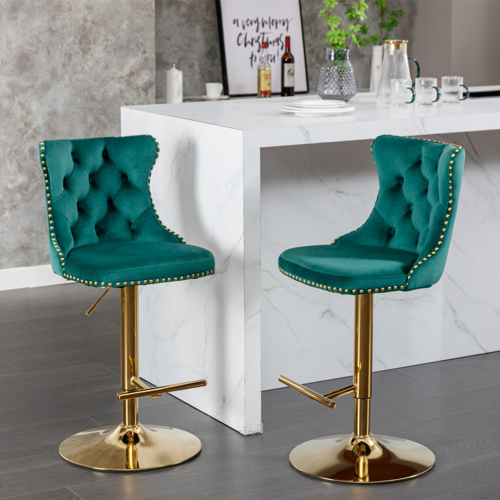 Golden Swivel Velvet Barstools Adjusatble Seat Height from 25-33 Inch,Modern Upholstered Bar Stools with Backs Comfortable Tufted for Home Pub and Kitchen Island,Set of 2