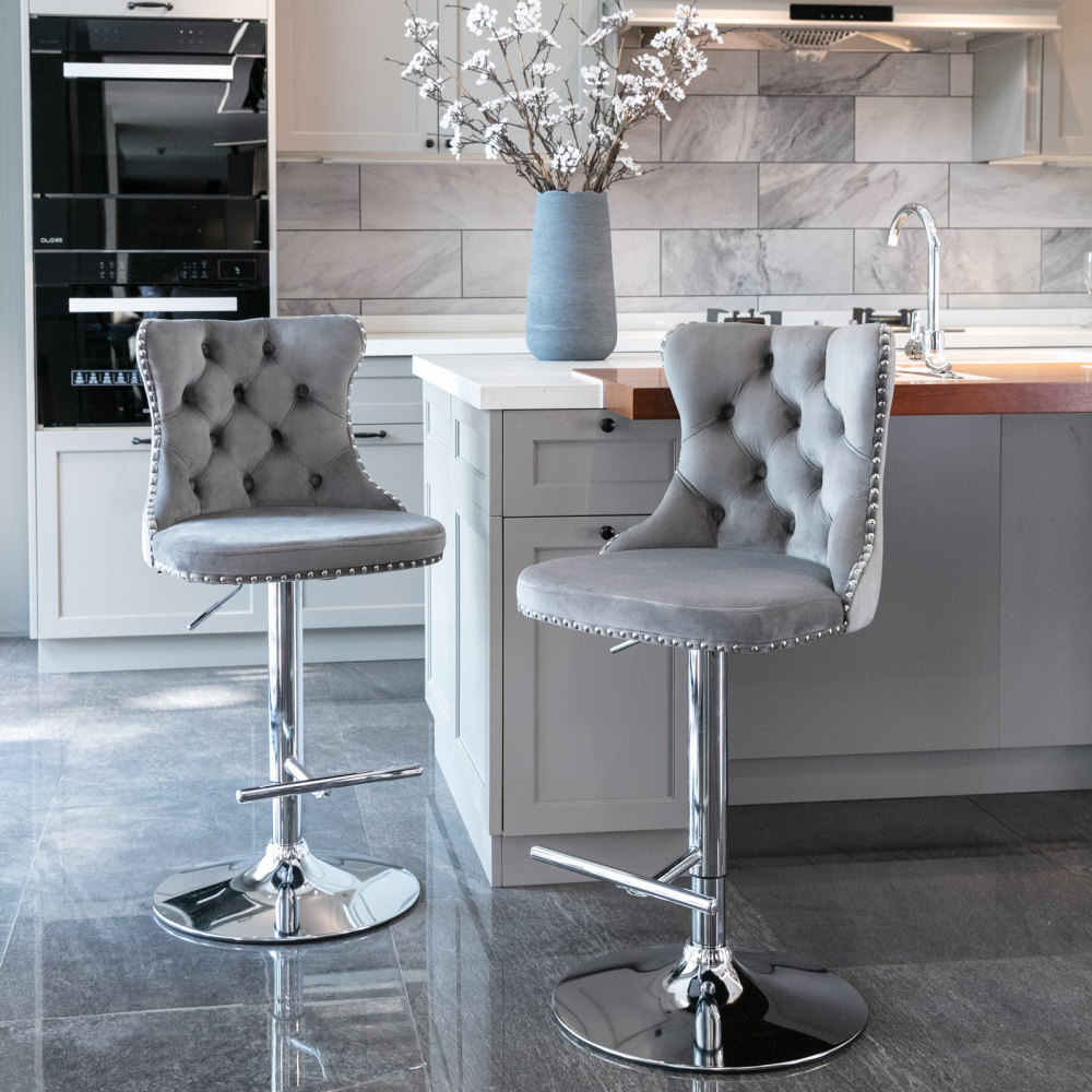 Swivel Velvet Barstools Adjusatble Seat Height from 25-33 Inch, Modern Upholstered Chrome base Bar Stools with Backs Comfortable Tufted for Home Pub and Kitchen Island,Set of 2