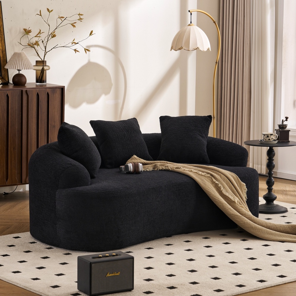 Curved Loveseat Full Compression Sponge Sofa, 30D Chenille No-Assembly Compact Sofa for Small Spaces & Apartments, 65"L, 300 lbs, 3 Pillows
