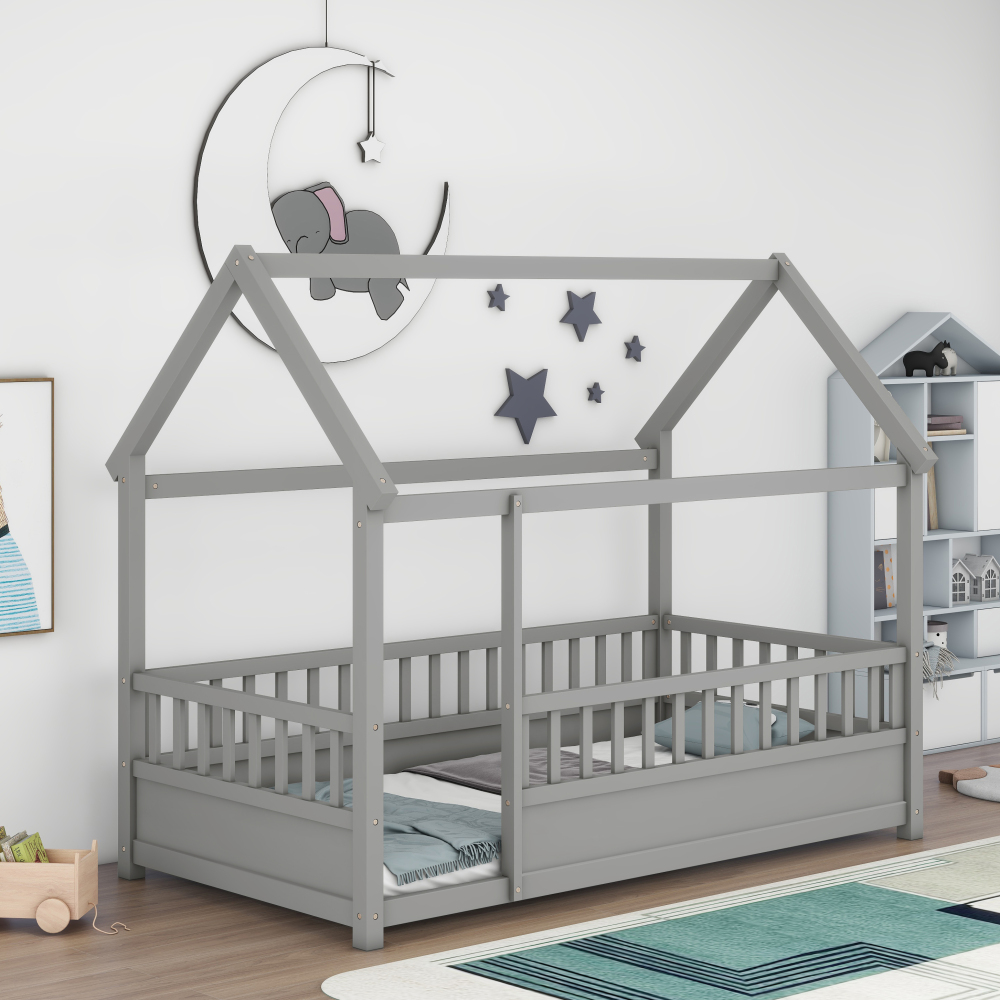Floor Wooden Bed with House Roof Frame, Fence Guardrails