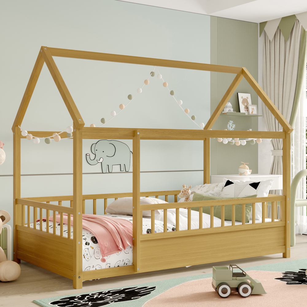 Floor Wooden Bed with House Roof Frame, Fence Guardrails