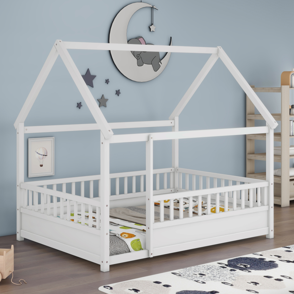 Floor Wooden Bed with House Roof Frame, Fence Guardrails