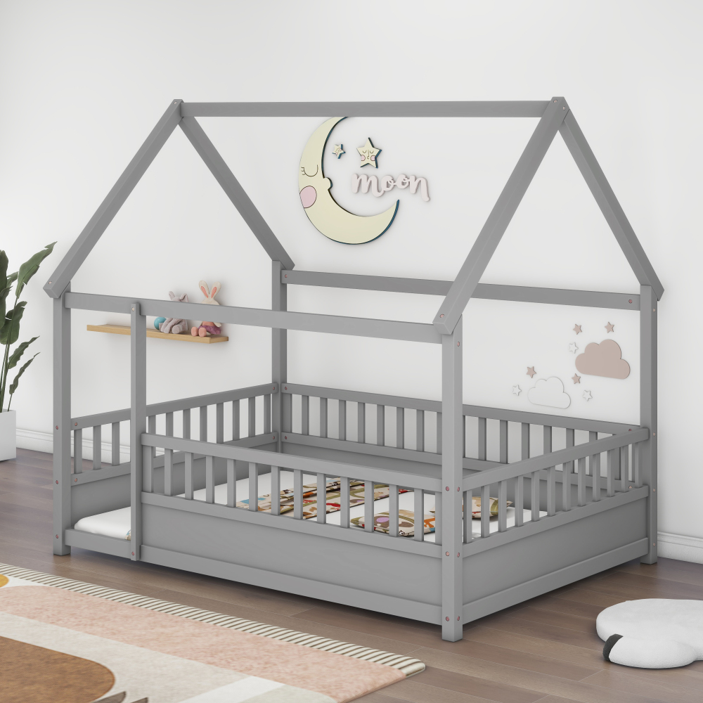 Floor Wooden Bed with House Roof Frame, Fence Guardrails
