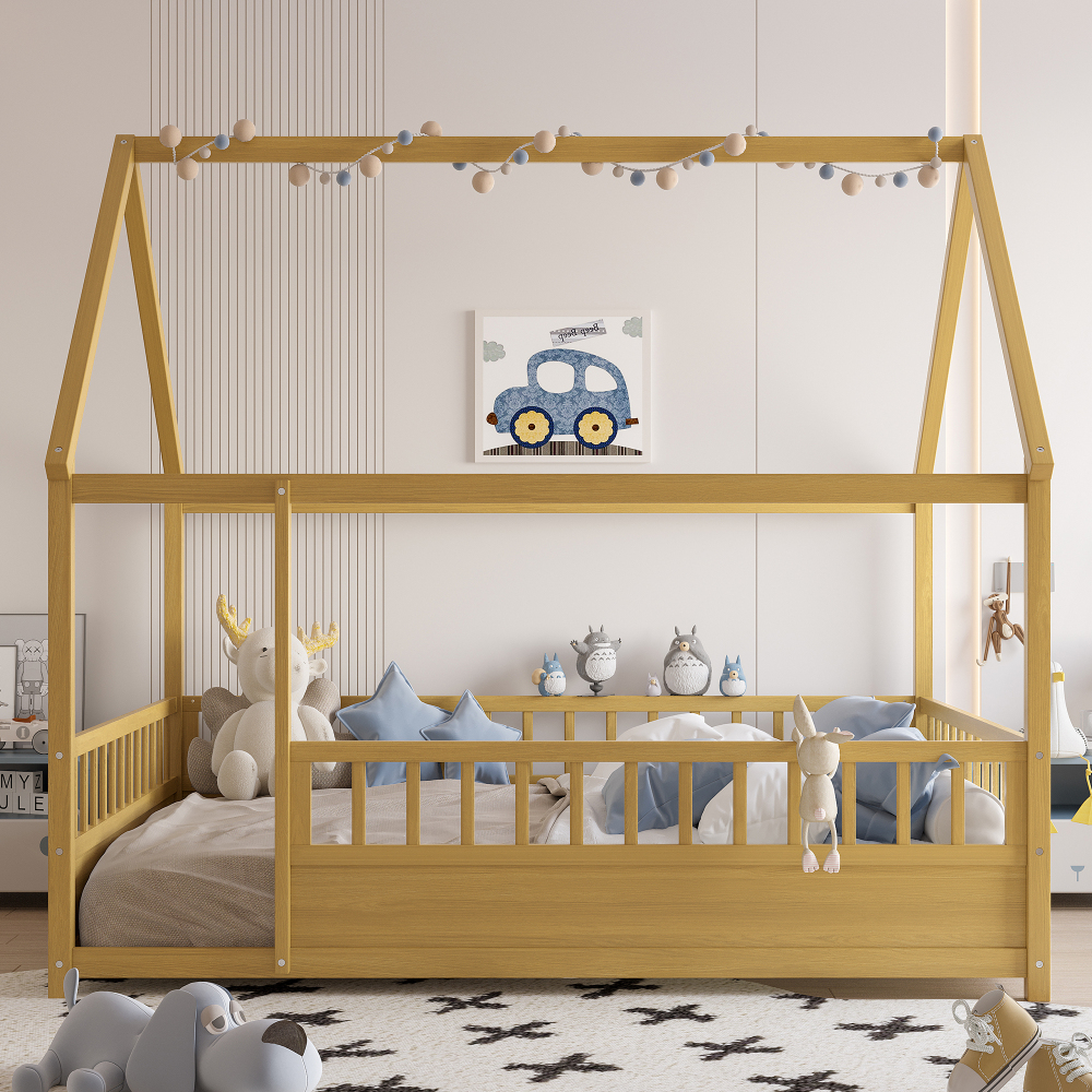 Floor Wooden Bed with House Roof Frame, Fence Guardrails