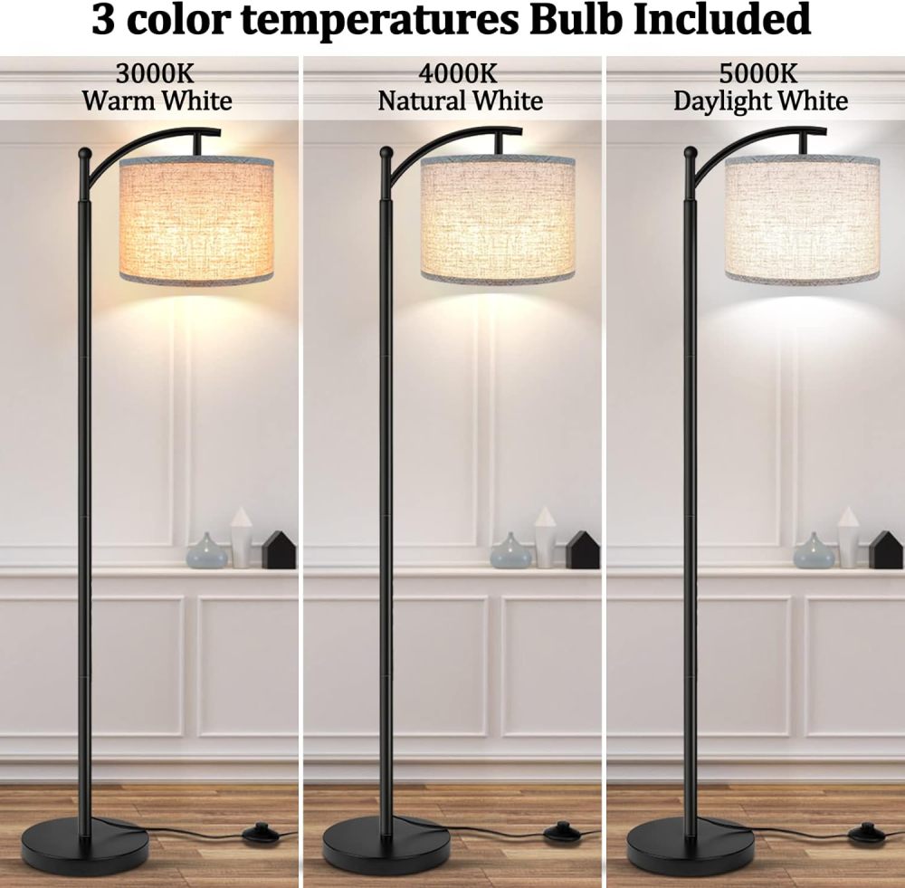 ROTTOGOON Living Room Floor Lamp with 3-color temperature LED bulb, tall industrial floor lamp suitable for reading, bedroom, and office (9W LED bulb, including beige lampshade) - black.