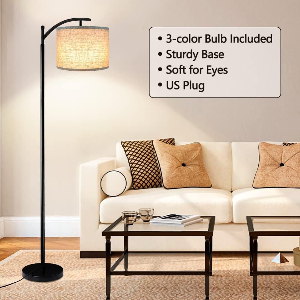 ROTTOGOON Living Room Floor Lamp with 3-color temperature LED bulb, tall industrial floor lamp suitable for reading, bedroom, and office (9W LED bulb, including beige lampshade) - black.