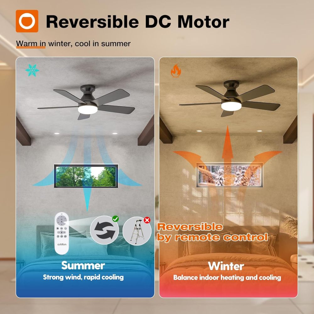 addlon Ceiling Fans with Lights, 42 Inch Low Profile Ceiling Fan with Light and Remote Control, Flush Mount, Reversible, 3CCT, Dimmable, Quiet, Black Small Ceiling Fan for Bedroom Indoor/Outdoor Use