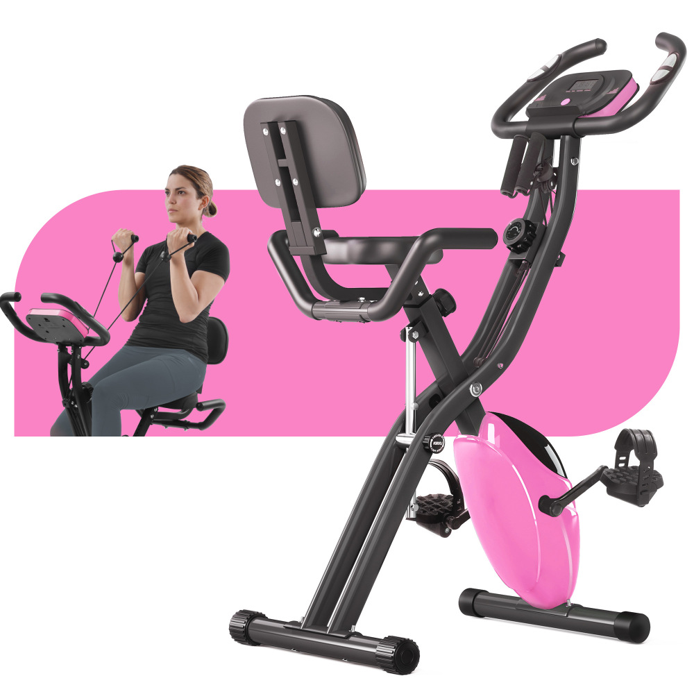 Folding Exercise Bike, Fitness Upright and Recumbent X-Bike with 16-Level Adjustable Resistance, Arm Bands and Backrest