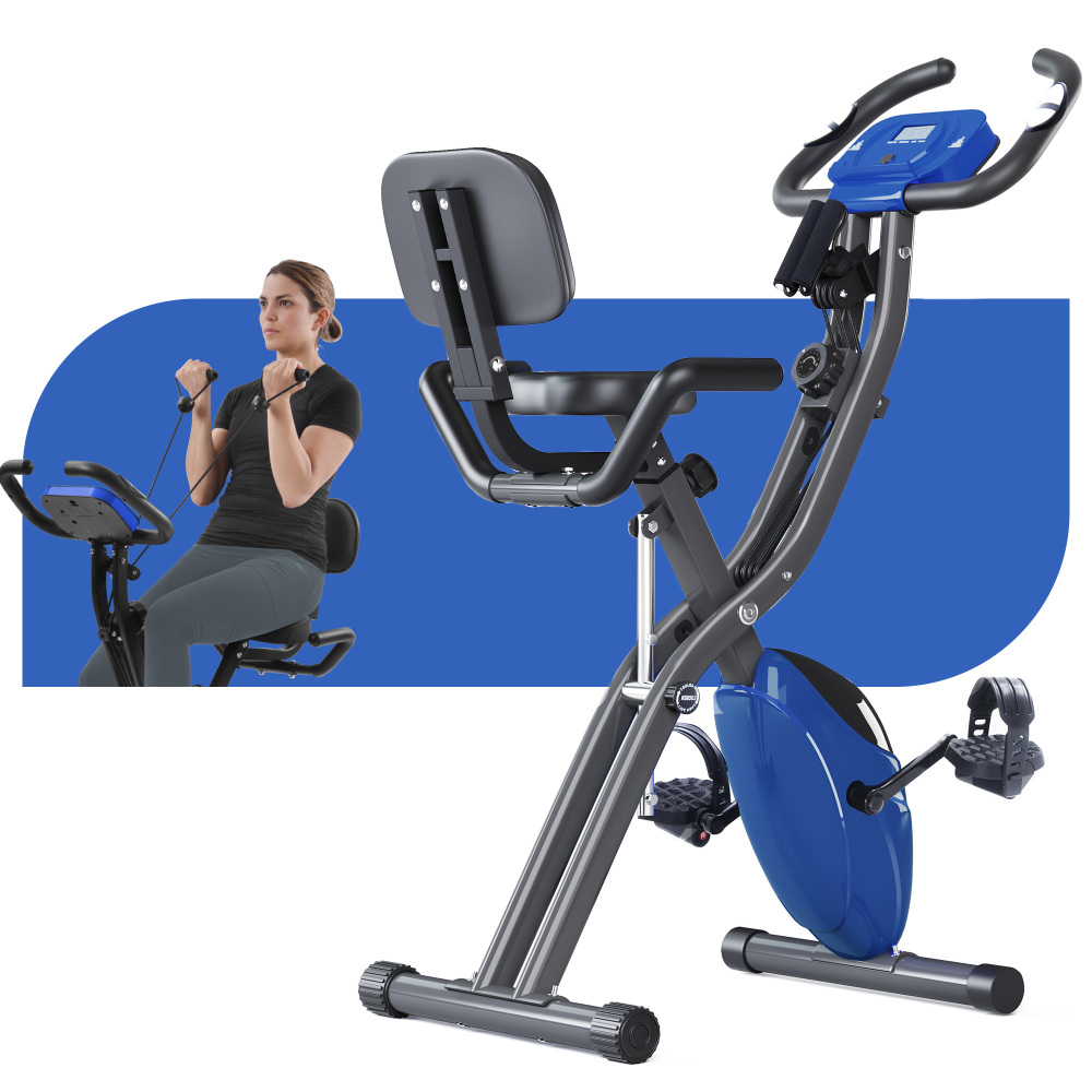 Folding Exercise Bike, Fitness Upright and Recumbent X-Bike with 16-Level Adjustable Resistance, Arm Bands and Backrest