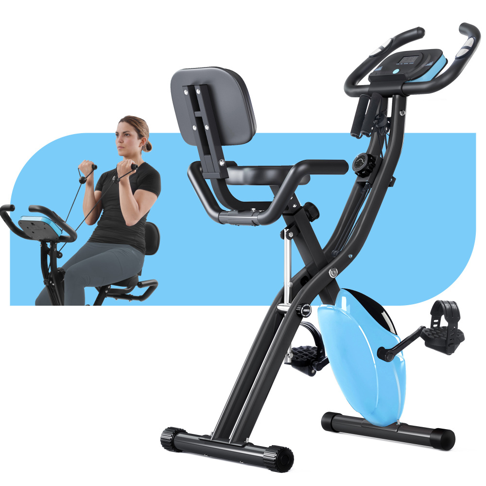Folding Exercise Bike, Fitness Upright and Recumbent X-Bike with 16-Level Adjustable Resistance, Arm Bands and Backrest