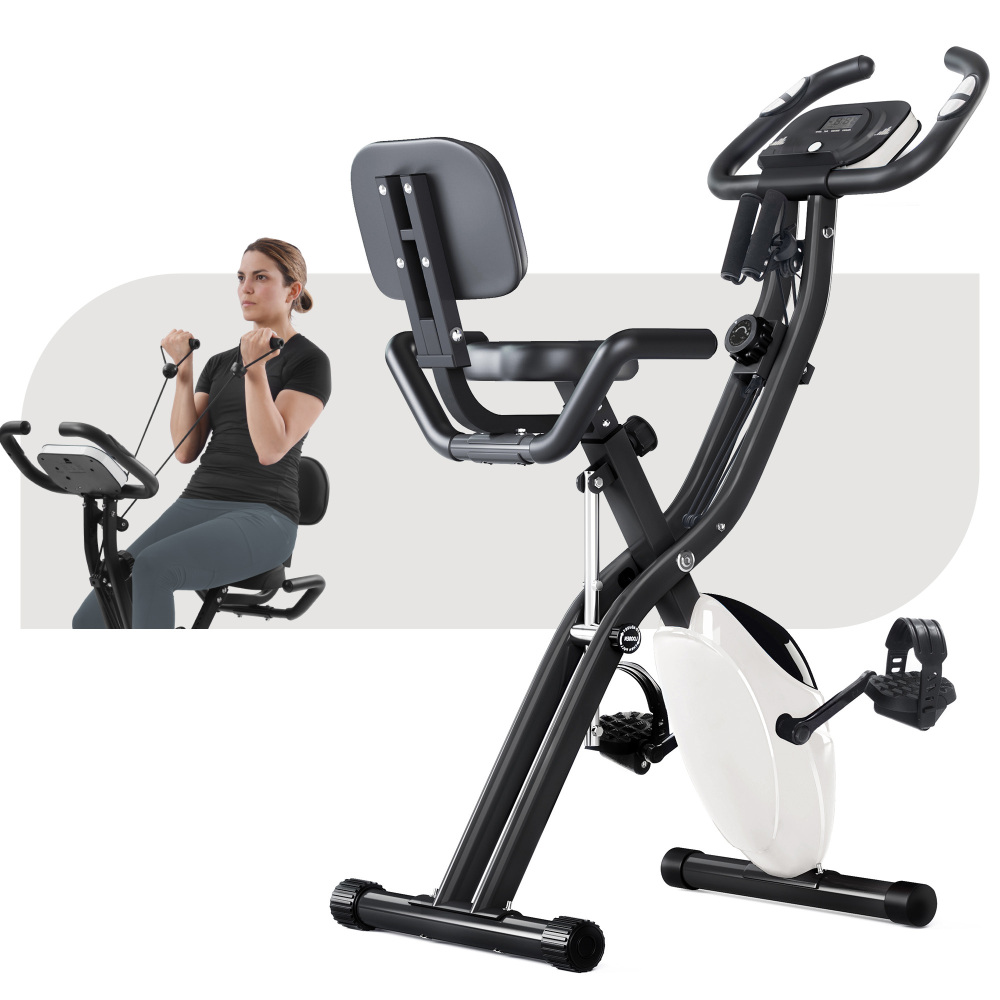 Folding Exercise Bike, Fitness Upright and Recumbent X-Bike with 16-Level Adjustable Resistance, Arm Bands and Backrest