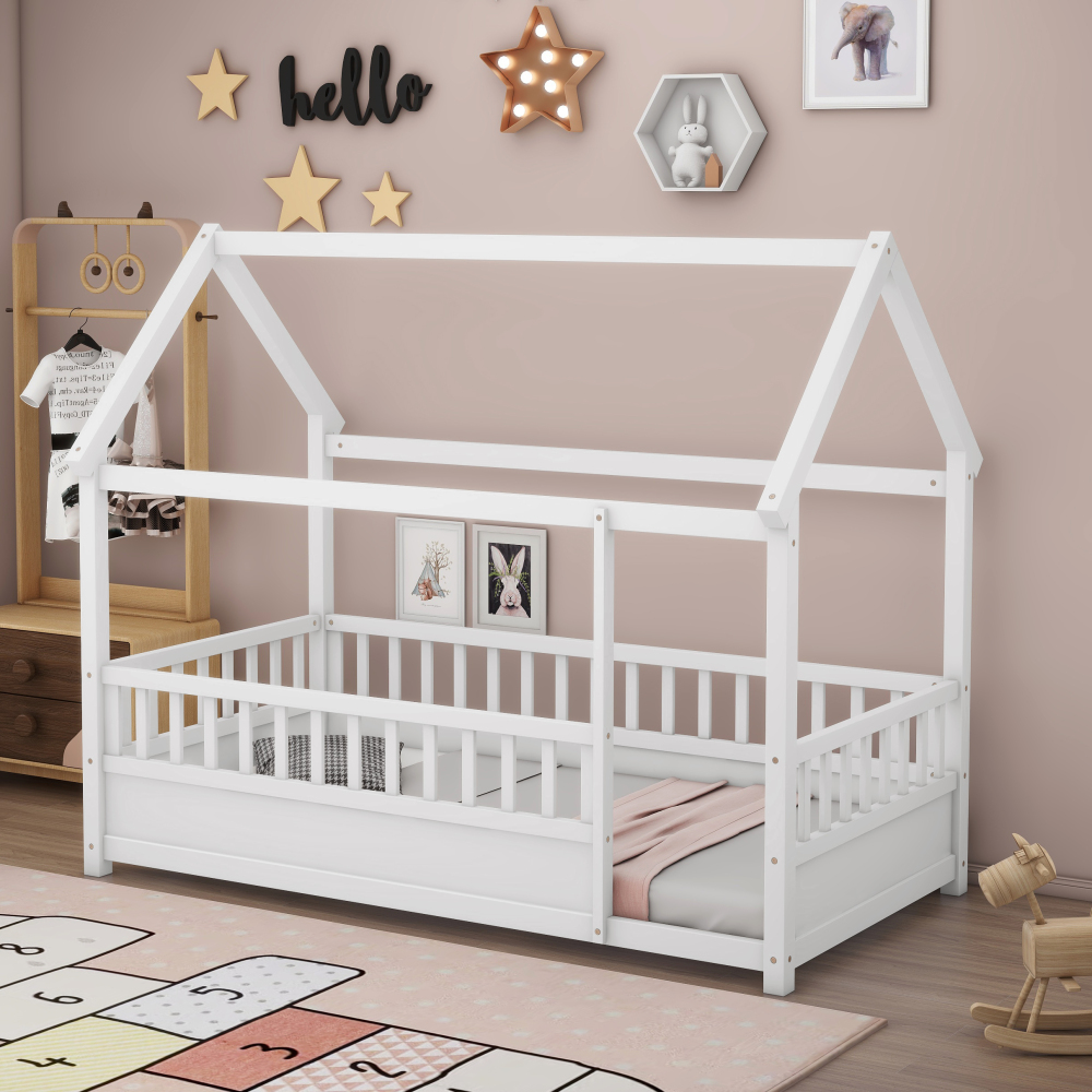 Floor Wooden Bed with House Roof Frame, Fence Guardrails