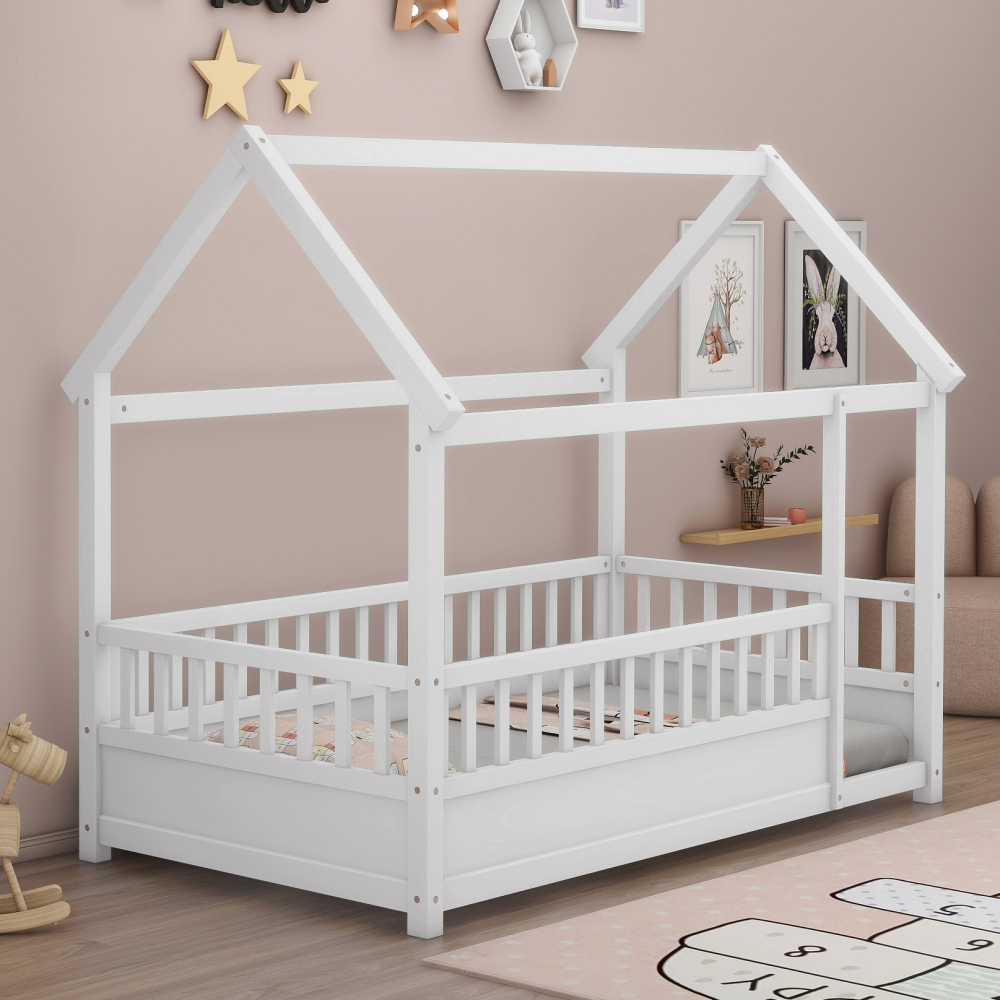 Floor Wooden Bed with House Roof Frame, Fence Guardrails