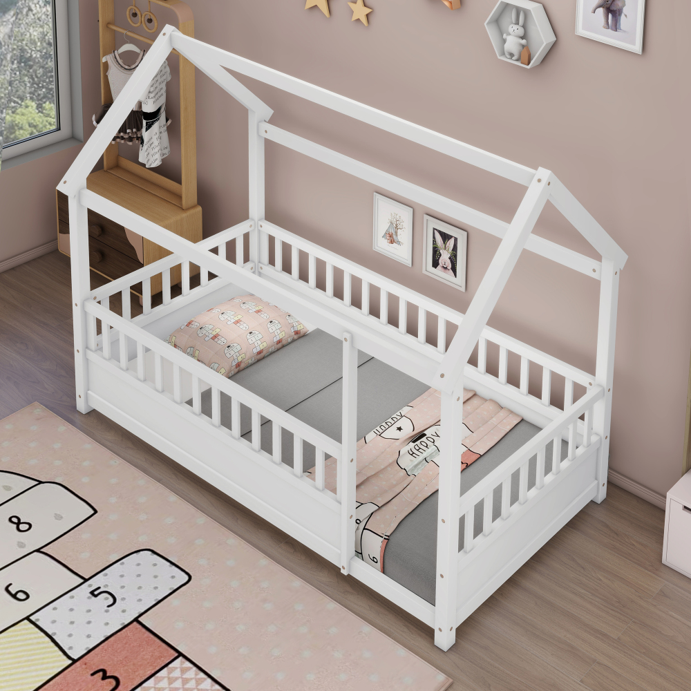 Floor Wooden Bed with House Roof Frame, Fence Guardrails