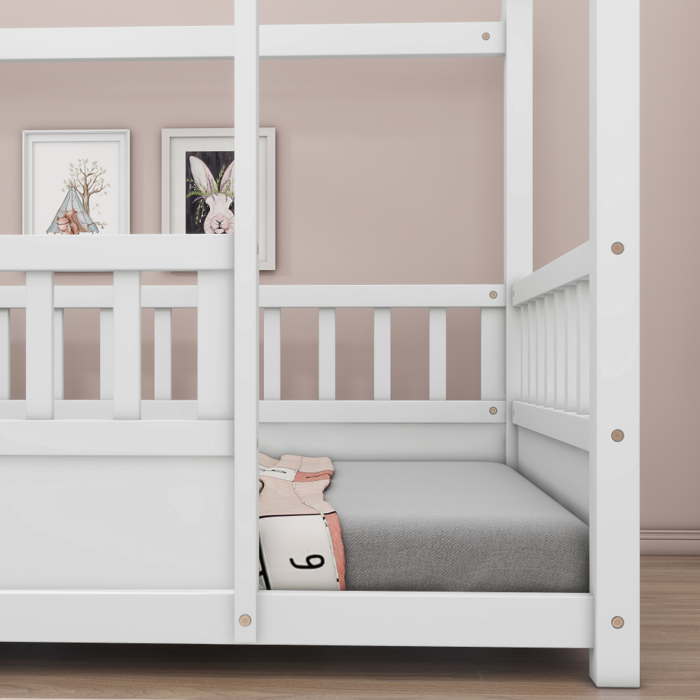 Floor Wooden Bed with House Roof Frame, Fence Guardrails
