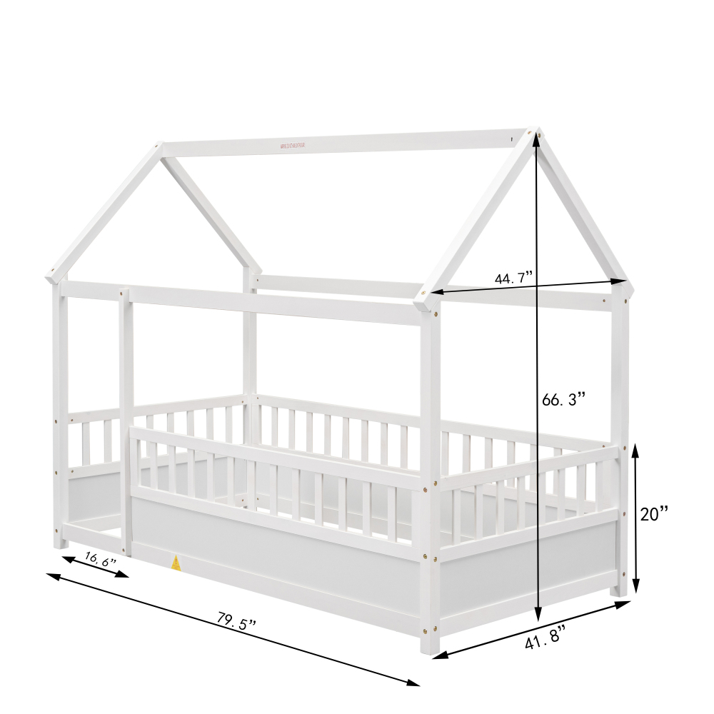 Floor Wooden Bed with House Roof Frame, Fence Guardrails