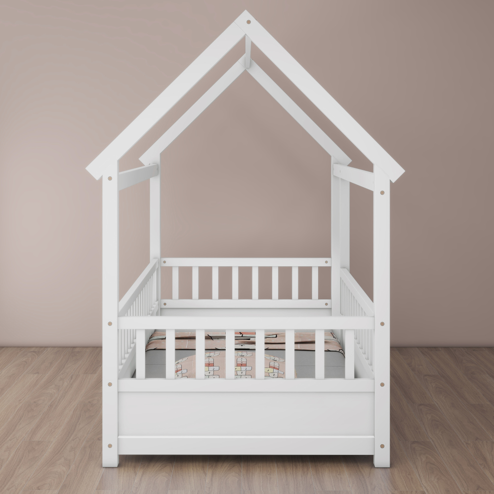 Floor Wooden Bed with House Roof Frame, Fence Guardrails