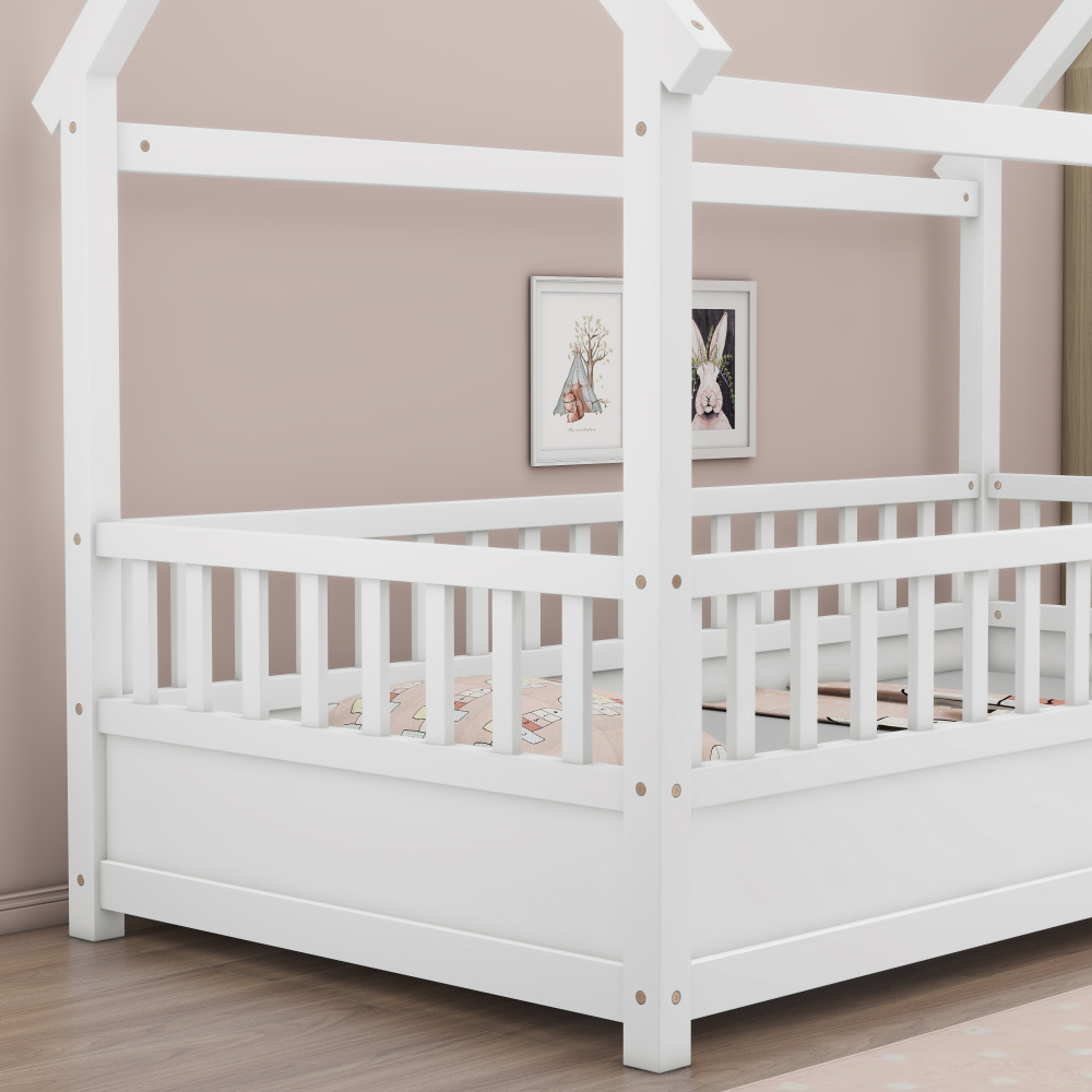 Floor Wooden Bed with House Roof Frame, Fence Guardrails