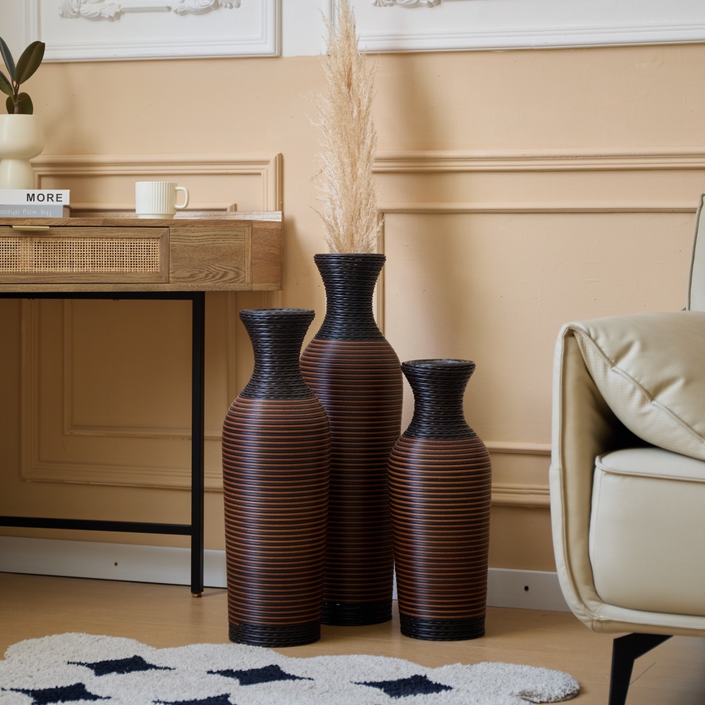 Hand-Woven PVC Rattan Vases, Set of 3 Brown Floor Vases for Home Decor