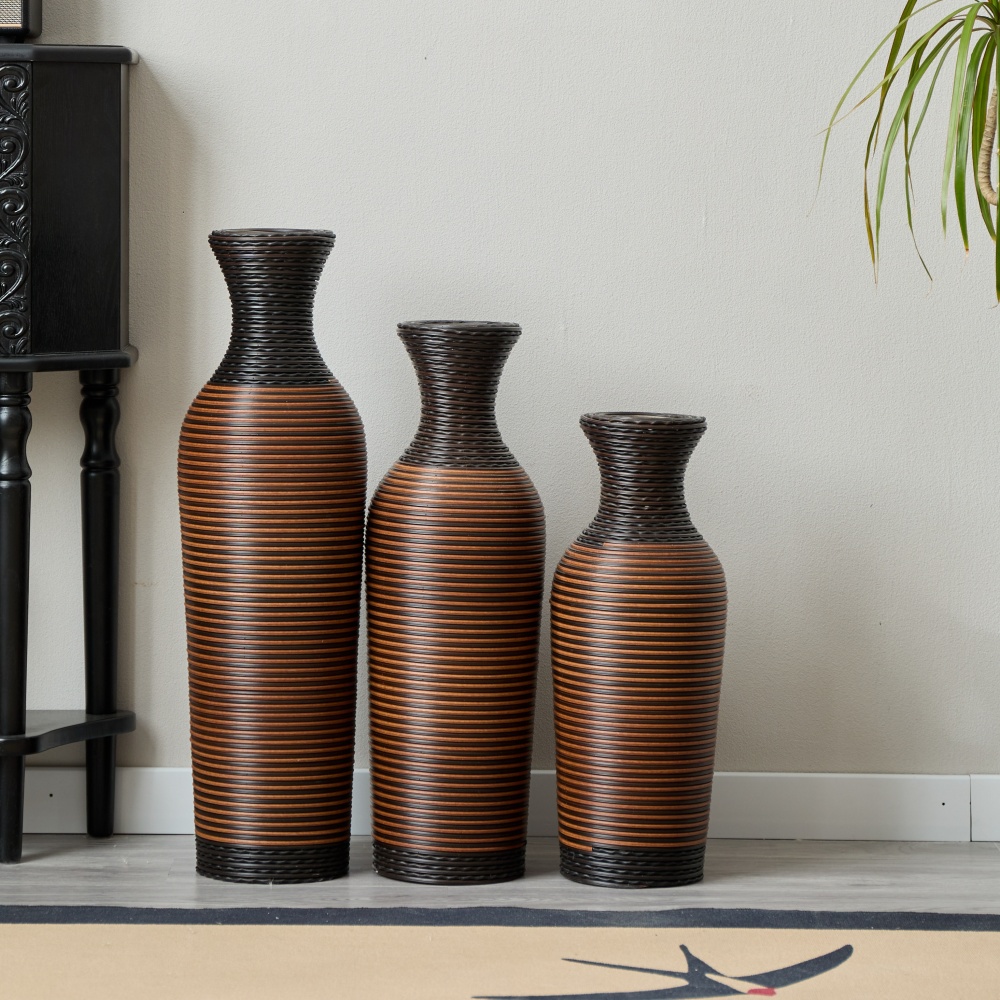 Hand-Woven PVC Rattan Vases, Set of 3 Brown Floor Vases for Home Decor
