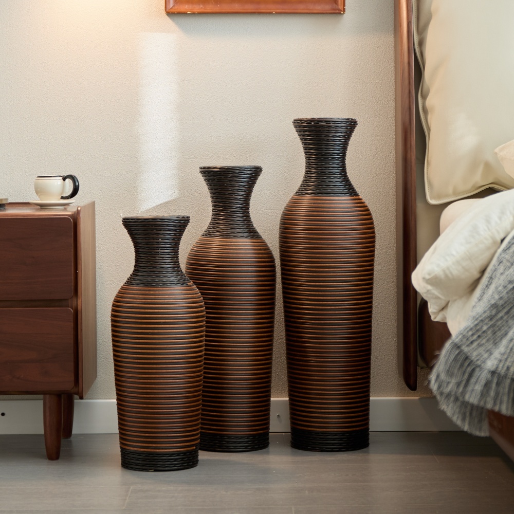 Hand-Woven PVC Rattan Vases, Set of 3 Brown Floor Vases for Home Decor
