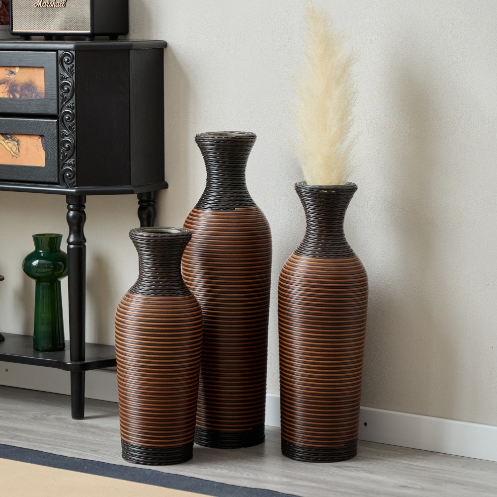 Hand-Woven PVC Rattan Vases, Set of 3 Brown Floor Vases for Home Decor