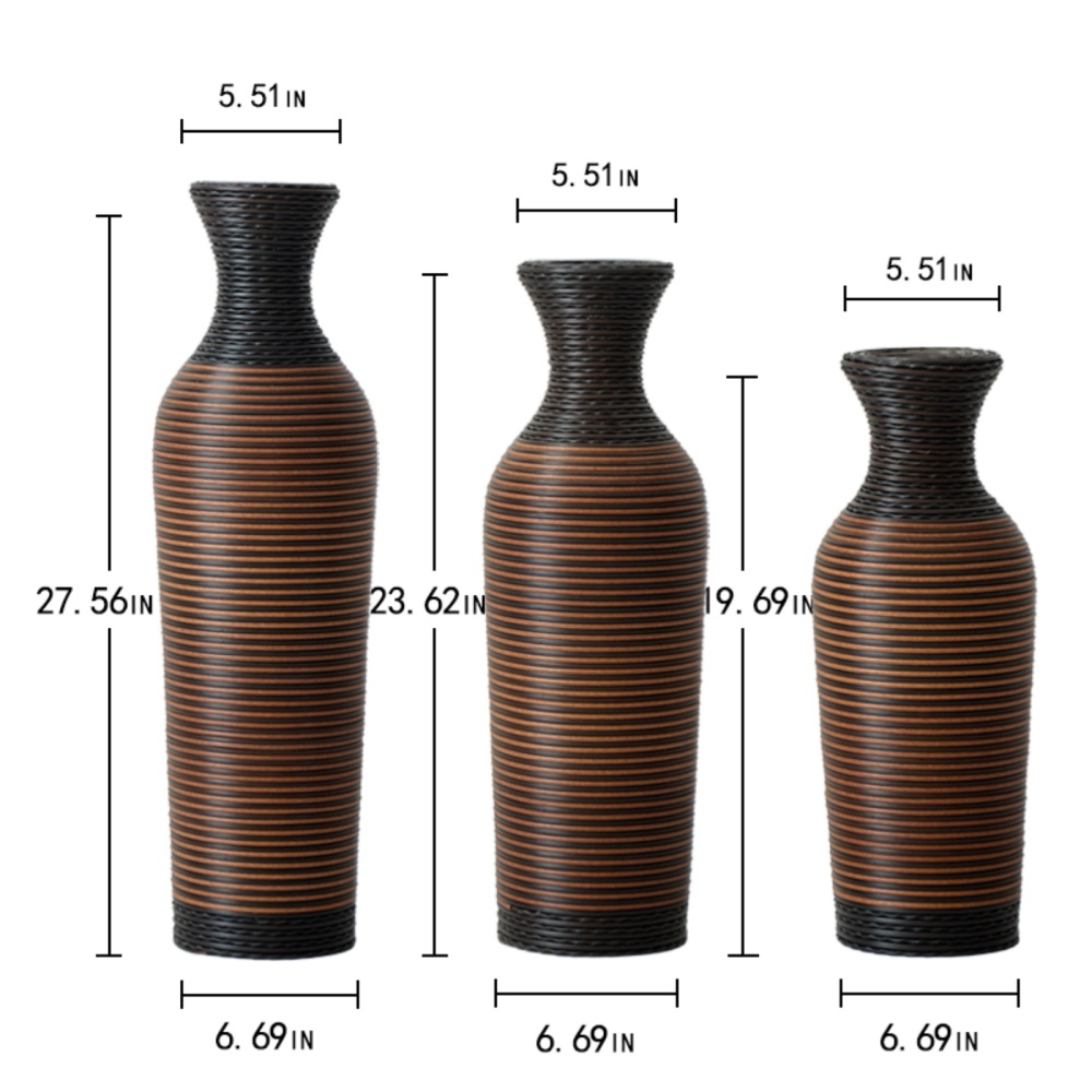 Hand-Woven PVC Rattan Vases, Set of 3 Brown Floor Vases for Home Decor